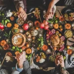 overhead view of a thanksgiving feast.