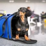 Dachsund on a pet carrier at an airport.