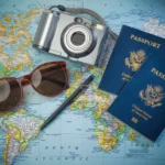 world map, camara, sunglasses and two american passports